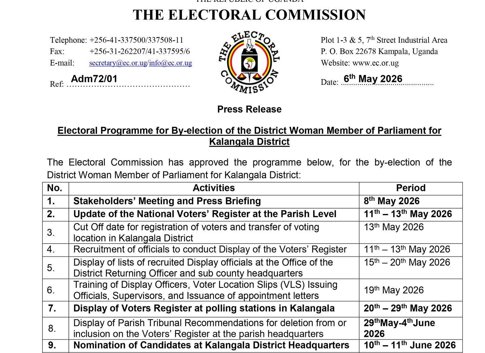 Electoral Commission erangiridde olwa nga 24 June,2026 okuddamu okulonda omubaka omukyala owa district y’e Kalangala