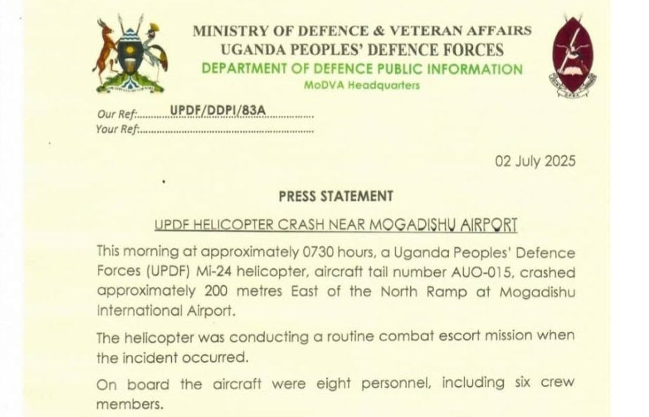 Ennyonyi y’eggye lya UPDF egudde mu Somalia – abantu 5 bafudde