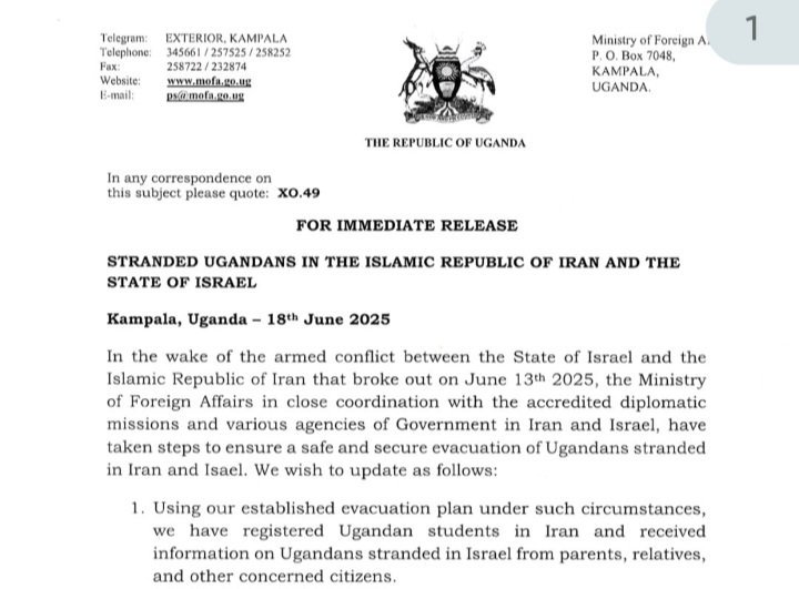 Government ya Uganda esazeewo okuyita mu mawanga ag’omuliraano ne Iran ne Israel – okununula bannauganda abakoseddwa olutalo oluli mu mawanga ago