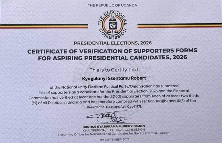 NUP eweereddwa satifikeeti ekakasa emikono gy’abasemba Robert Kyagulanyi Ssentamu okusunsulwa ku bwa president mu kalulu ka 2026