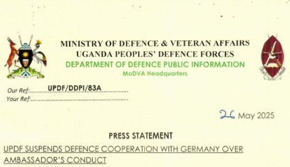 UPDF ekalambidde ku ky’okusazaamu enkolagana yaayo  ne Germany – erumiriza Ambassador Mathias Schauer okukuta n’obubinja obusekeeterera government ya Uganda