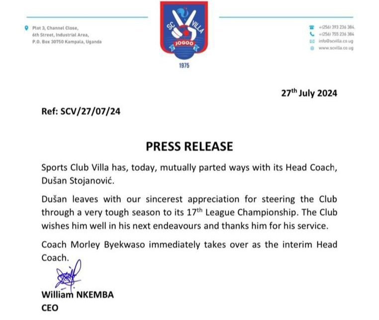 Villa Jogo eronze Morley Byekwaso ng’omutendesi wa club ow’ekiseera