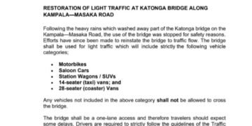 UNRA egguddewo olutindo lwa Katonga – emmotoka entono zizeemu okuyita ku luguudo lwa Kampala – Masaka