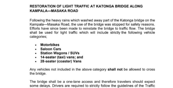 UNRA egguddewo olutindo lwa Katonga – emmotoka entono zizeemu okuyita ku luguudo lwa Kampala – Masaka