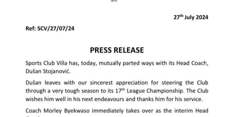 Villa Jogo eronze Morley Byekwaso ng’omutendesi wa club ow’ekiseera