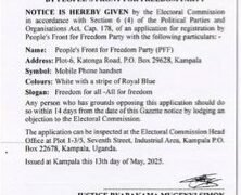 People’s Front for Freedom (PFF) ekubiddwa mu kyapa ky’eggwanga