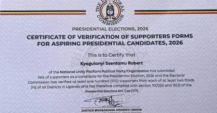 NUP eweereddwa satifikeeti ekakasa emikono gy’abasemba Robert Kyagulanyi Ssentamu okusunsulwa ku bwa president mu kalulu ka 2026