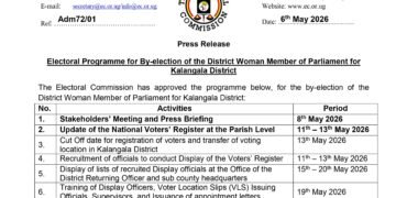 Electoral Commission erangiridde olwa nga 24 June,2026 okuddamu okulonda omubaka omukyala owa district y’e Kalangala