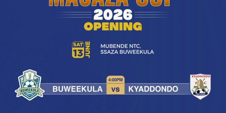 Omupiira oguggulawo empaka z’Amasaza 2026 guli mu kisaawe kya Mubende NTC – wakati wa Buweekula ne Kyadondo